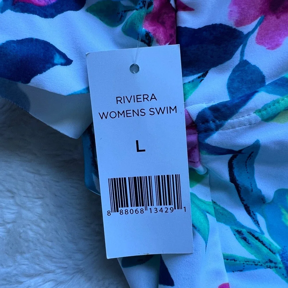 Riviera Womens Swim Tropical Floral Ruffle Tankini Top White Pink Green Large